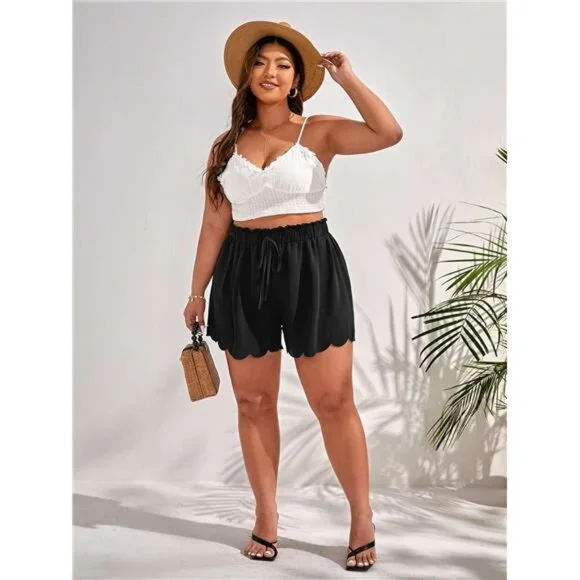 MakeMeChic Women's Plus Size Elastic Waist Scallop Trim Flowy Wide Leg Shorts - Picture 5 of 6